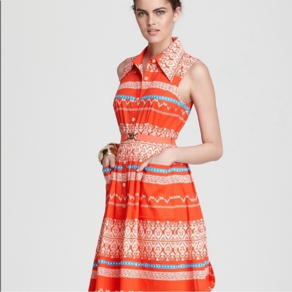 Anthropologie Orange and Blue Patterned Dress